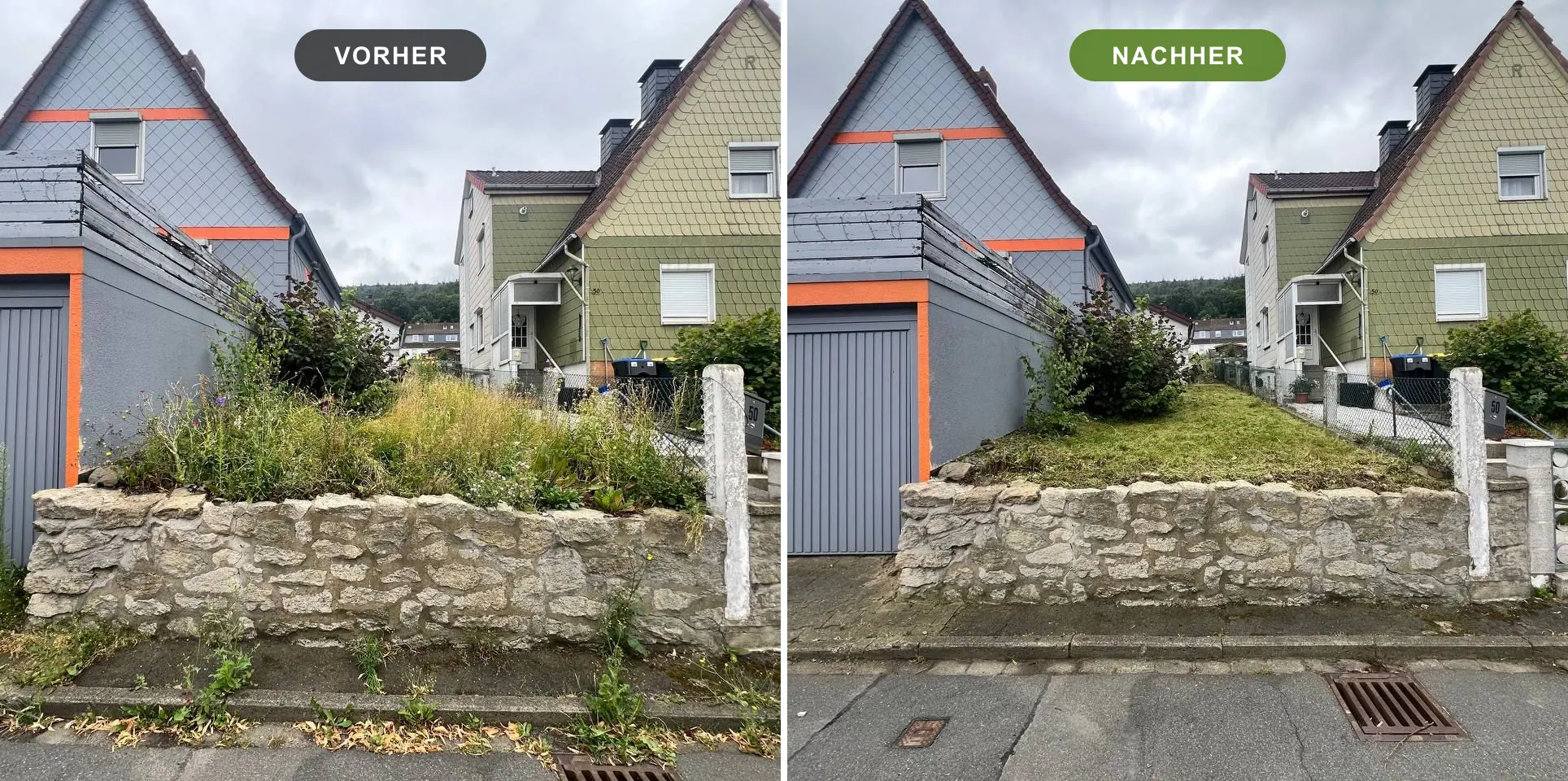 Vorher-Nachher-Vergleich: verwildertes Mauerbeet vor dem Haus und danach gemäht und freigeschnitten – Gartenpflege Goslar