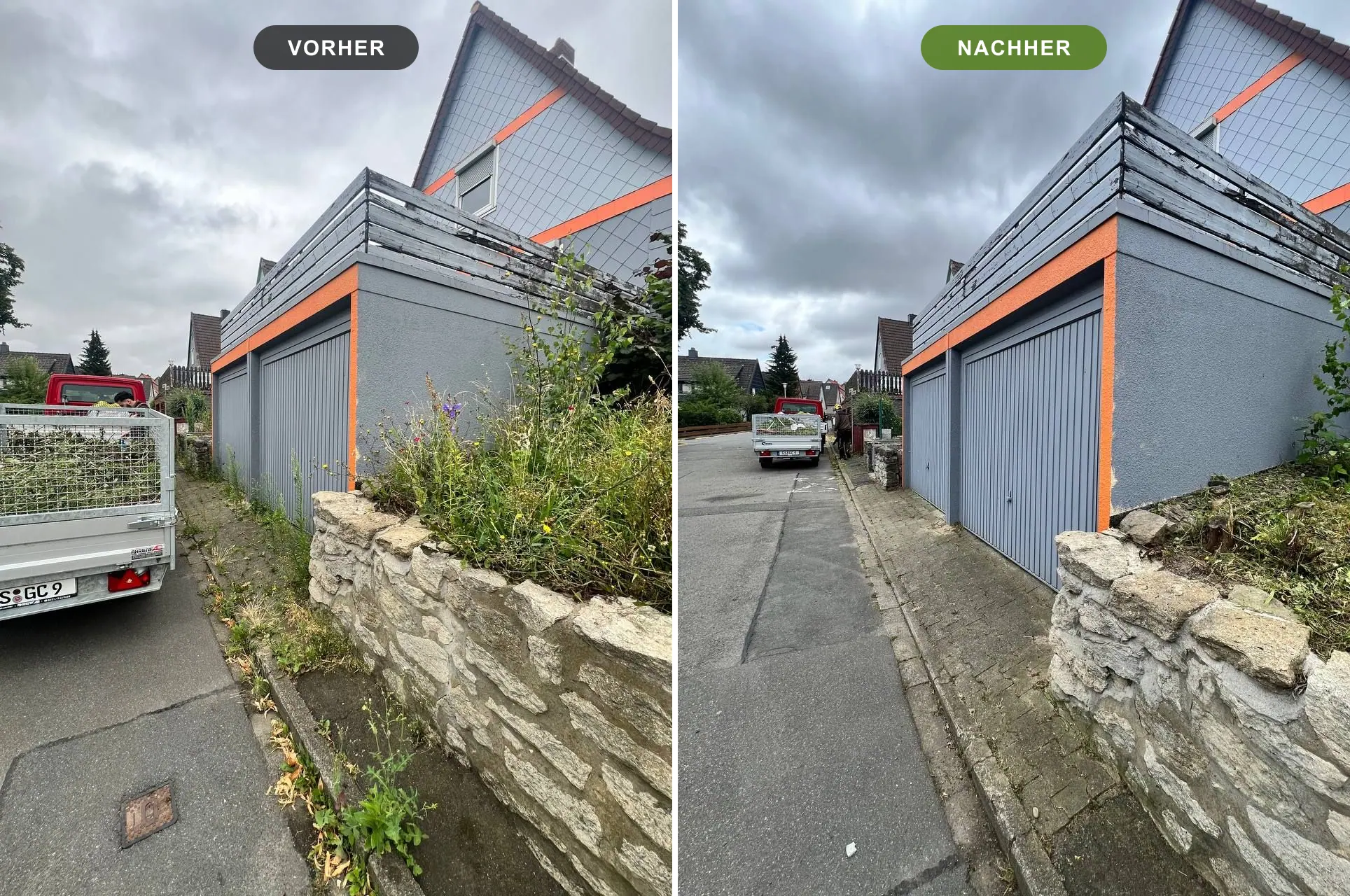 Vorher-Nachher-Vergleich: verwildertes Mauerbeet an der Garage und danach freigeschnitten – Gartenpflege Goslar